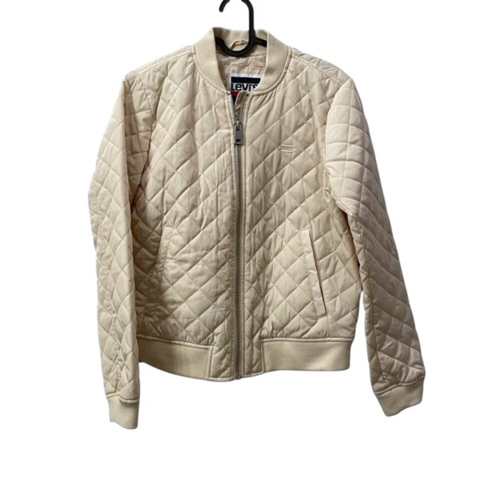 NWT Women's Levi's Cream Diamond Quilted Bomber Jacket Size Small Neutral - Picture 2 of 16